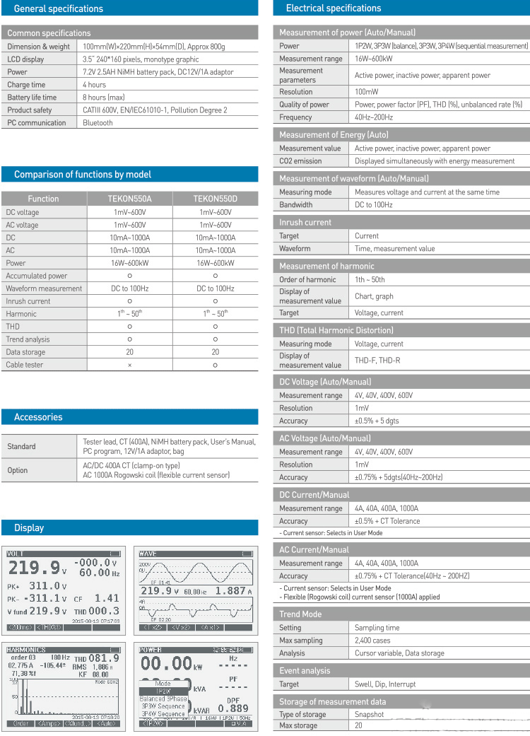 Thông số kỹ thuật máy đo chất lượng điện năng TEKON 550 chính hãng